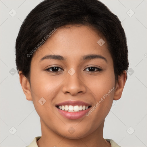 Joyful latino young-adult female with short  brown hair and brown eyes