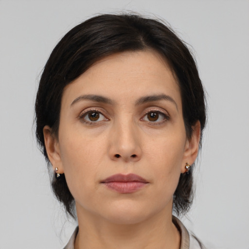Neutral asian young-adult female with medium  black hair and brown eyes