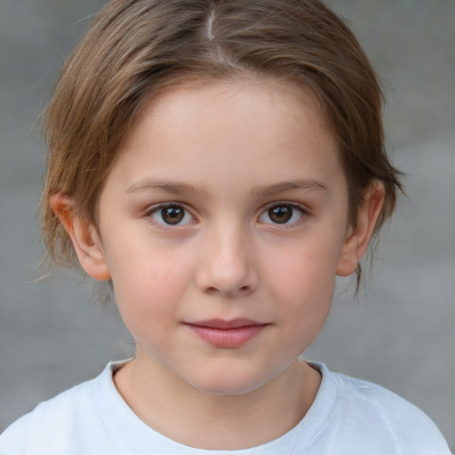 Joyful white child female with medium  brown hair and brown eyes