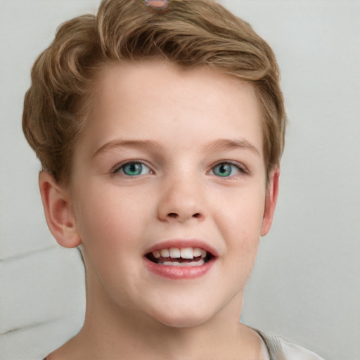 Joyful white child female with short  brown hair and grey eyes