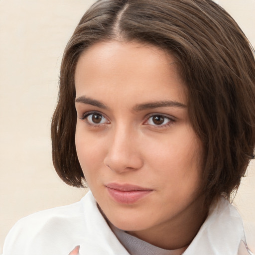 Neutral white young-adult female with medium  brown hair and brown eyes