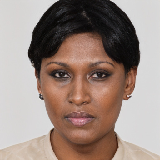 Neutral black young-adult female with short  black hair and brown eyes