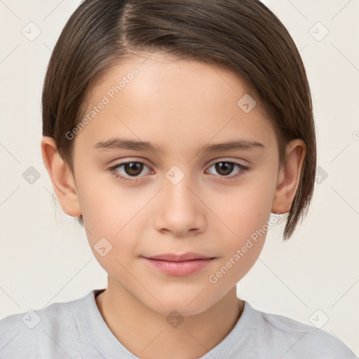 Joyful white child female with medium  brown hair and brown eyes