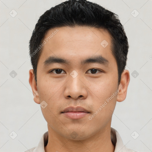 Neutral asian young-adult male with short  black hair and brown eyes