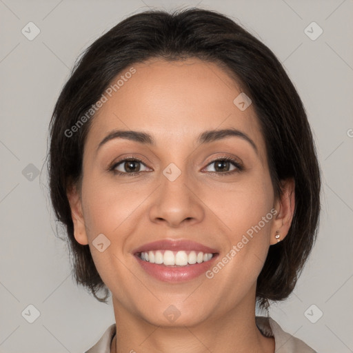 Joyful white young-adult female with medium  brown hair and brown eyes