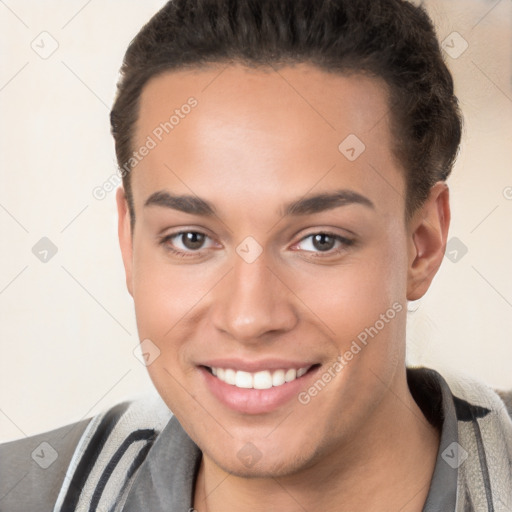 Joyful white young-adult female with short  brown hair and brown eyes