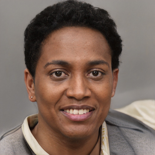 Joyful black young-adult female with short  brown hair and brown eyes