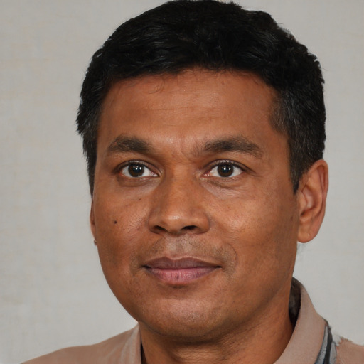 Joyful black adult male with short  black hair and brown eyes