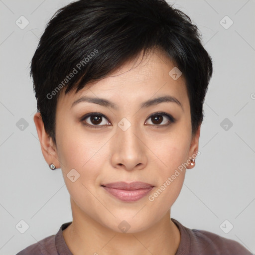 Joyful asian young-adult female with short  brown hair and brown eyes