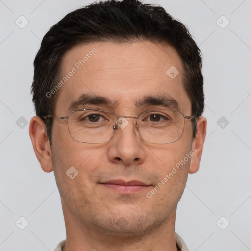 Joyful white adult male with short  brown hair and brown eyes