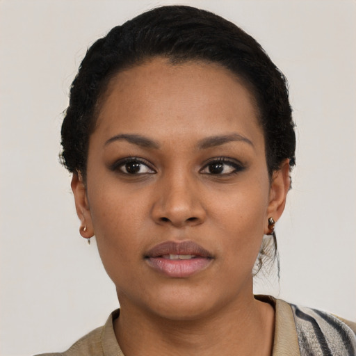 Neutral latino young-adult female with short  black hair and brown eyes