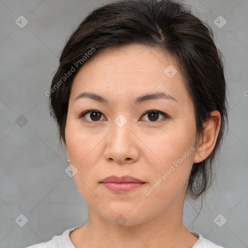 Neutral asian young-adult female with medium  brown hair and brown eyes