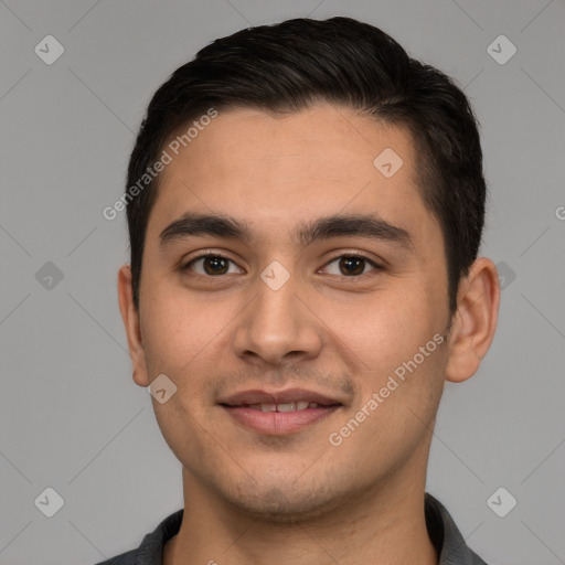 Joyful white young-adult male with short  brown hair and brown eyes