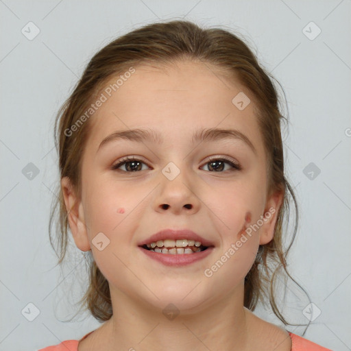 Joyful white child female with medium  brown hair and brown eyes