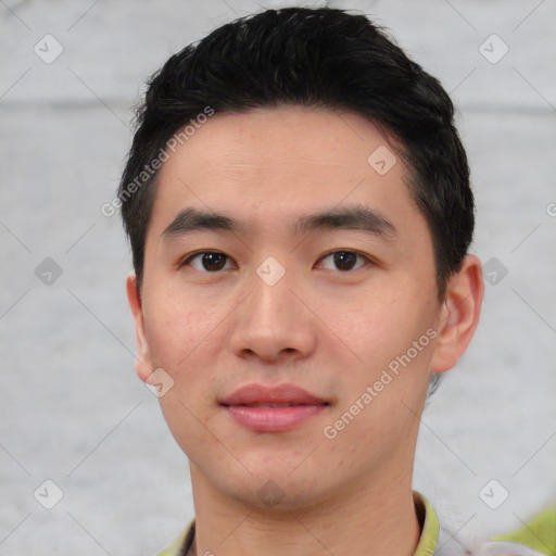 Neutral asian young-adult male with short  black hair and brown eyes