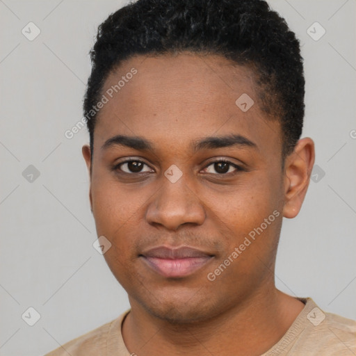 Neutral black young-adult male with short  black hair and brown eyes