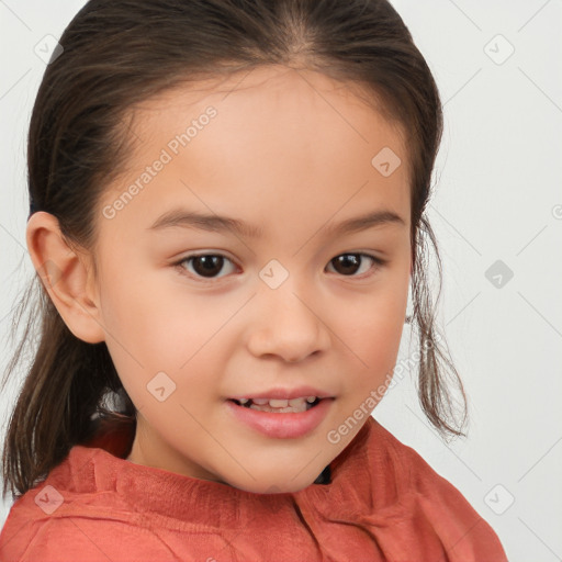 Joyful white child female with medium  brown hair and brown eyes