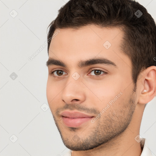 Neutral white young-adult male with short  brown hair and brown eyes