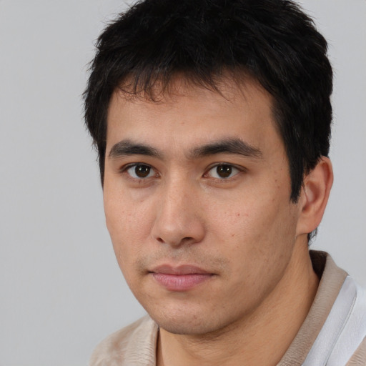 Neutral asian young-adult male with short  black hair and brown eyes