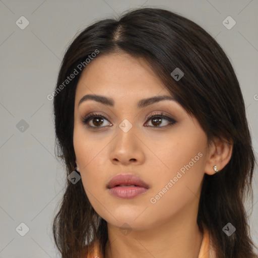 Neutral asian young-adult female with long  brown hair and brown eyes