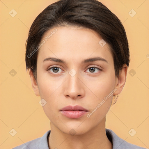 Neutral white young-adult female with short  brown hair and brown eyes