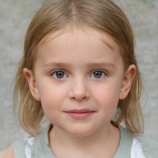 Joyful white child female with medium  brown hair and blue eyes