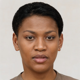 Joyful black young-adult female with short  black hair and brown eyes