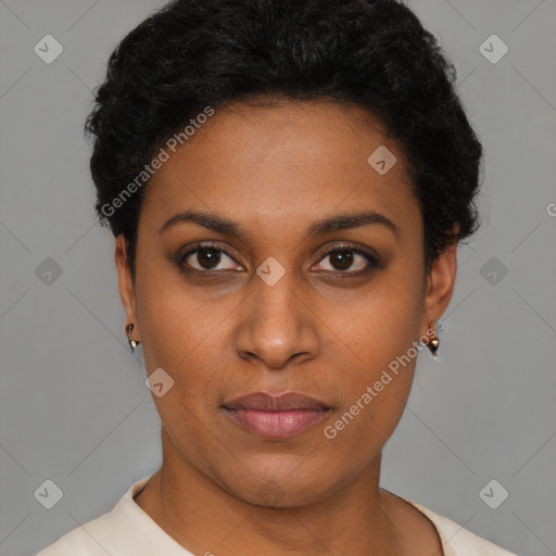 Neutral black young-adult female with short  brown hair and brown eyes