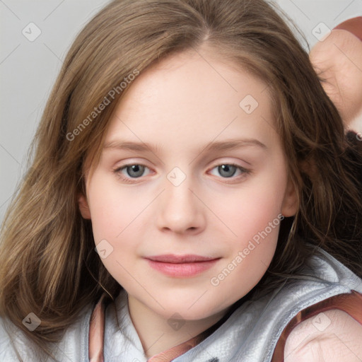 Joyful white child female with medium  brown hair and blue eyes