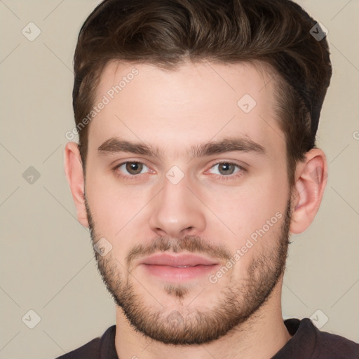 Neutral white young-adult male with short  brown hair and brown eyes