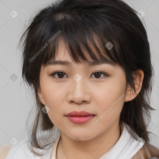 Neutral asian young-adult female with medium  brown hair and brown eyes