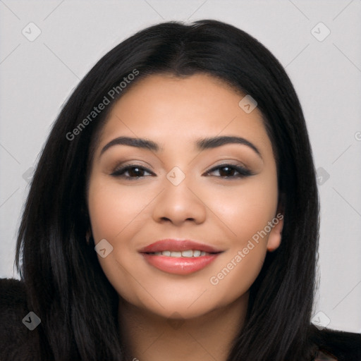 Joyful latino young-adult female with long  black hair and brown eyes