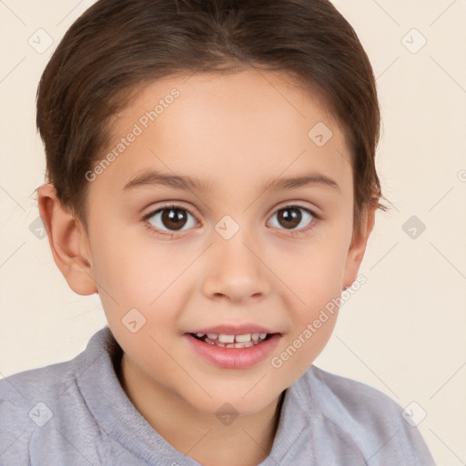 Joyful white child female with short  brown hair and brown eyes