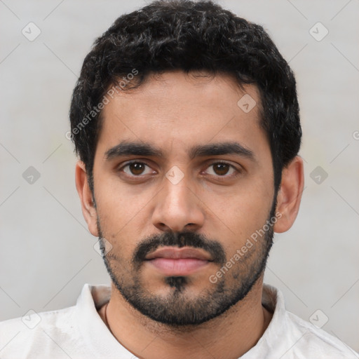 Neutral latino young-adult male with short  black hair and brown eyes