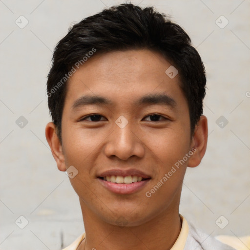 Joyful asian young-adult male with short  black hair and brown eyes