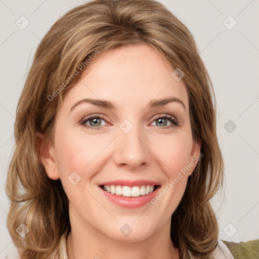 Joyful white young-adult female with medium  brown hair and green eyes