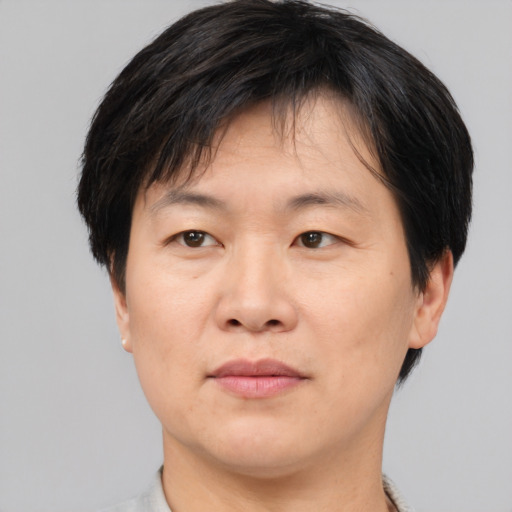 Neutral asian adult male with short  brown hair and brown eyes