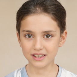 Joyful white child female with short  brown hair and brown eyes