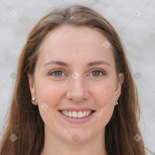 Joyful white young-adult female with long  brown hair and grey eyes