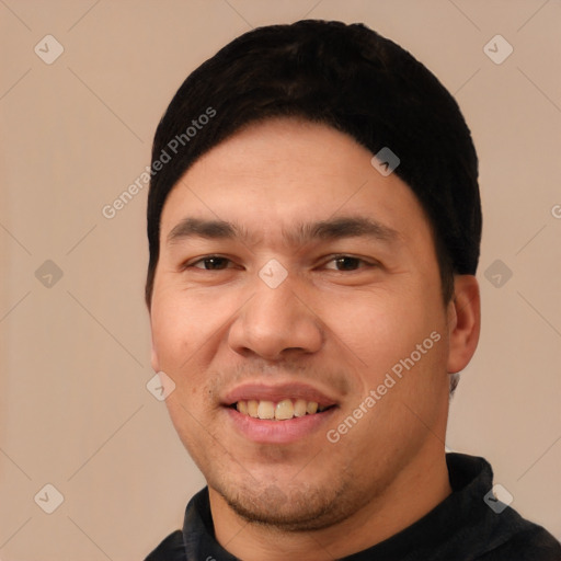 Joyful white young-adult male with short  black hair and brown eyes