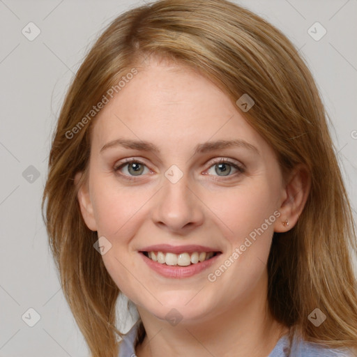 Joyful white young-adult female with medium  brown hair and blue eyes