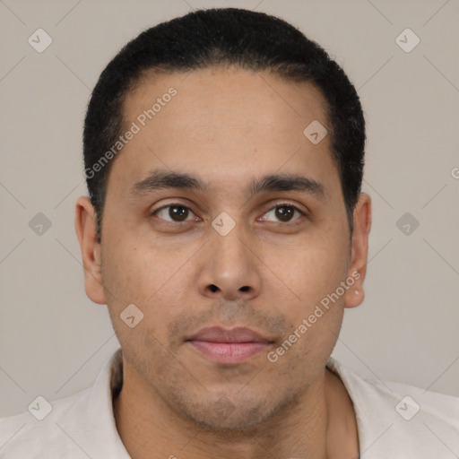 Neutral latino young-adult male with short  black hair and brown eyes