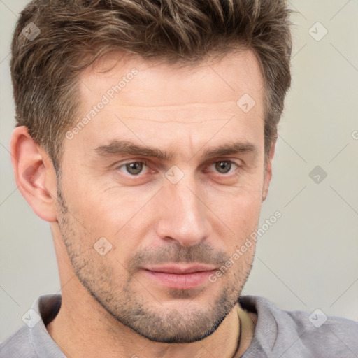 Neutral white adult male with short  brown hair and brown eyes