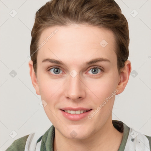 Joyful white young-adult female with short  brown hair and grey eyes