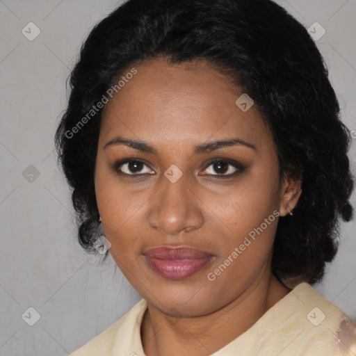 Joyful black young-adult female with medium  black hair and brown eyes