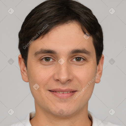 Joyful white young-adult male with short  brown hair and brown eyes