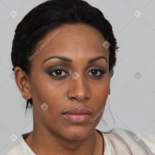 Neutral black young-adult female with medium  brown hair and brown eyes