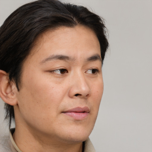 Neutral asian adult male with short  brown hair and brown eyes
