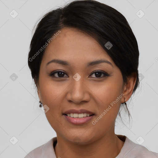 Joyful asian young-adult female with medium  black hair and brown eyes