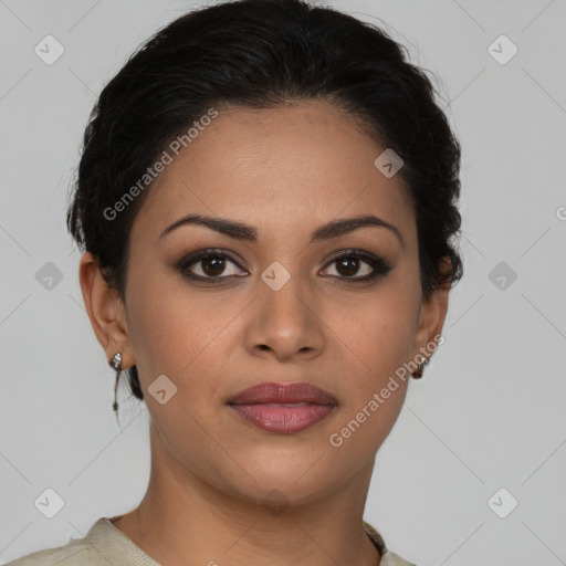 Joyful latino young-adult female with short  brown hair and brown eyes